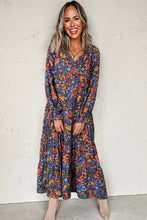 Load image into Gallery viewer, Blue Floral Print Tassel Tie V Neck Long Sleeve Flowy Long Dress