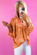 Load image into Gallery viewer, Orange Abstract Print Collared V Neck Babydoll Blouse