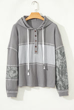 Load image into Gallery viewer, Gray Waffle Printed Patchwork Drawstring Hooded Long Sleeve Top