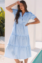 Load image into Gallery viewer, Sky Blue Stripe Bubble Short Sleeve Tiered Scallop Long Dress