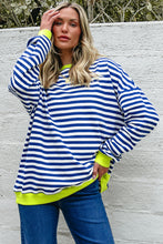Load image into Gallery viewer, Blue Stripe Contrast Ribbed Trim Crossed Stitch Drop Shoulder Sweatshirt