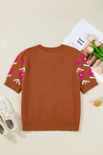 Load image into Gallery viewer, Brown Floral Short Puff Sleeve Sweater