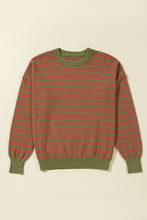 Load image into Gallery viewer, Brown Stripe Trimmed Round Neck Drop Shoulder Loose Sweater
