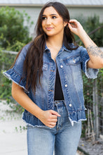 Load image into Gallery viewer, Peacock Blue Raw Edge Ruffled Short Sleeve Denim Jacket