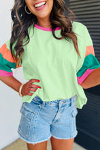 Load image into Gallery viewer, Light Blue Color Block Stitching Sleeve Round Neck Oversize Top
