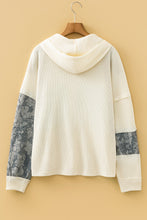 Load image into Gallery viewer, Gray Waffle Printed Patchwork Drawstring Hooded Long Sleeve Top