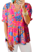 Load image into Gallery viewer, Rose Floral Print Puff Sleeve V Neck Blouse
