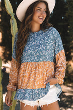 Load image into Gallery viewer, Orange Floral Color Block Ruffled Hem Round Neck Blouse