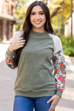 Load image into Gallery viewer, Laurel Green Floral Patchwork Long Sleeve Ribbed Blouse