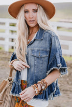 Load image into Gallery viewer, Peacock Blue Raw Edge Ruffled Short Sleeve Denim Jacket