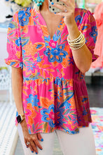Load image into Gallery viewer, Rose Floral Print Puff Sleeve V Neck Blouse