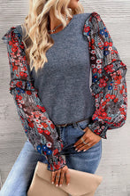 Load image into Gallery viewer, Blue Ruffle Tiered Floral Sleeve Crew Neck Blouse