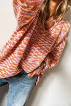 Load image into Gallery viewer, Orange Vibrant Abstract Print Drop Shoulder V Neck Tunic Oversized Sweater
