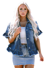 Load image into Gallery viewer, Peacock Blue Raw Edge Ruffled Short Sleeve Denim Jacket