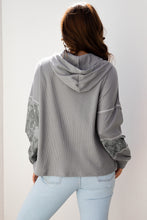 Load image into Gallery viewer, Gray Waffle Printed Patchwork Drawstring Hooded Long Sleeve Top