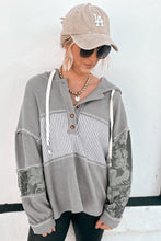 Load image into Gallery viewer, Gray Waffle Printed Patchwork Drawstring Hooded Long Sleeve Top