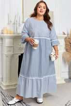Load image into Gallery viewer, Sky Blue Stripe Crisscross Lace Detail Mixed Striped Patchwork Plus Size Shift Long Dress