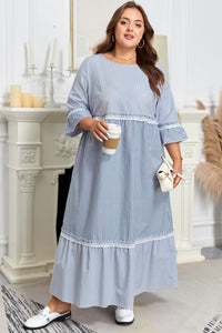 Sky Blue Stripe Crisscross Lace Detail Mixed Striped Patchwork Plus Size Shift Long Dress