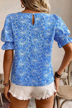 Load image into Gallery viewer, Sky Blue Eyelet Flower Embroidery Frilled Short Puff Sleeve Blouse