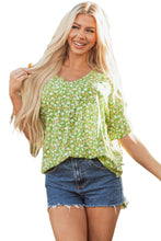 Load image into Gallery viewer, Green Floral Print Ruffle Sleeve V Neck Blouse Top
