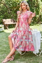 Load image into Gallery viewer, Rose Tribal Paisley Print Ruffled Sleeve Notch Neck Midi Dress