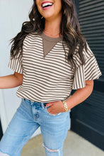 Load image into Gallery viewer, Parchment Contrast Detail Striped Ruffle Short Sleeve Top