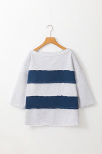 Sail Blue Colorblock Striped Patchwork Raw Seamed Sweatshirt