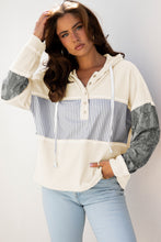 Load image into Gallery viewer, Gray Waffle Printed Patchwork Drawstring Hooded Long Sleeve Top