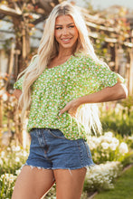 Load image into Gallery viewer, Green Floral Print Ruffle Sleeve V Neck Blouse Top
