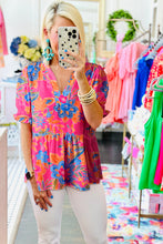 Load image into Gallery viewer, Rose Floral Print Puff Sleeve V Neck Blouse