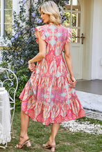 Load image into Gallery viewer, Rose Tribal Paisley Print Ruffled Sleeve Notch Neck Midi Dress