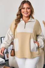 Load image into Gallery viewer, Khaki Stripe Mix Half Zip French Terry Plus Size Sweatshirt