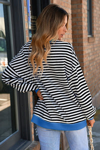Blue Stripe Contrast Ribbed Trim Crossed Stitch Drop Shoulder Sweatshirt