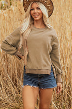 Load image into Gallery viewer, Dark Khaki Fuzzy Sherpa Splicing Pullover Sweatshirt with Side Slit