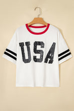 Load image into Gallery viewer, White USA Letter Printed Varsity Striped Sleeve Round Neck Tee