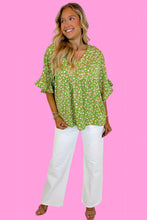 Load image into Gallery viewer, Green Floral Print Ruffle Sleeve V Neck Blouse Top