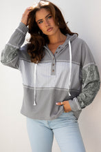 Load image into Gallery viewer, Gray Waffle Printed Patchwork Drawstring Hooded Long Sleeve Top