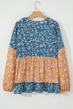Load image into Gallery viewer, Orange Floral Color Block Ruffled Hem Round Neck Blouse