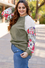 Load image into Gallery viewer, Vineyard Green Plus Size Textured Floral Patchwork Raglan Sleeve Blouse