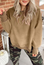 Load image into Gallery viewer, Dark Khaki Fuzzy Sherpa Splicing Pullover Sweatshirt with Side Slit