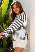 Load image into Gallery viewer, Gray Stripe Starry Patch Drop Shoulder Raw Edge Casual Knit Top