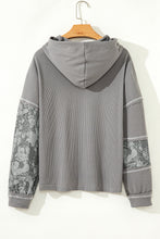 Load image into Gallery viewer, Gray Waffle Printed Patchwork Drawstring Hooded Long Sleeve Top