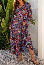 Load image into Gallery viewer, Blue Floral Print Tassel Tie V Neck Long Sleeve Flowy Long Dress