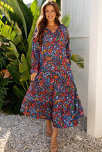 Load image into Gallery viewer, Blue Floral Print Tassel Tie V Neck Long Sleeve Flowy Long Dress