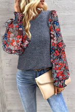 Load image into Gallery viewer, Blue Ruffle Tiered Floral Sleeve Crew Neck Blouse