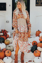 Load image into Gallery viewer, Khaki Floral Print Ruffled Tiered Long Sleeve V Neck Midi Dress