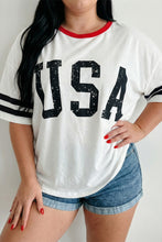 Load image into Gallery viewer, White Retro USA Striped Trim Short Sleeve Plus Size Tee