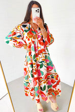 Load image into Gallery viewer, Orange Floral Print Split V Neck Tiered Maxi Dress