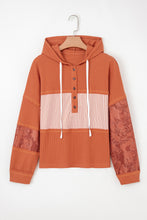 Load image into Gallery viewer, Gray Waffle Printed Patchwork Drawstring Hooded Long Sleeve Top