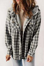 Load image into Gallery viewer, Black Plaid Pattern Sherpa Lined Hooded Shacket
